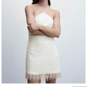 NWT Jason  Wu Tweed Textured Knit Pearl Bead Fringe Mini Dress Ivory Size sm